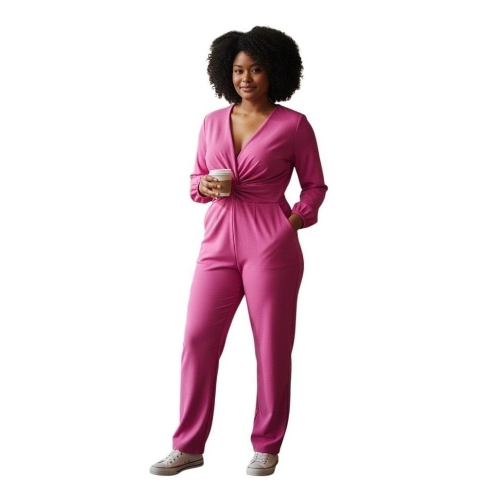 Eloquii Magenta Pink Knot Front V-Neck Long Sleeve Jumpsuit Womens Plus Size 20